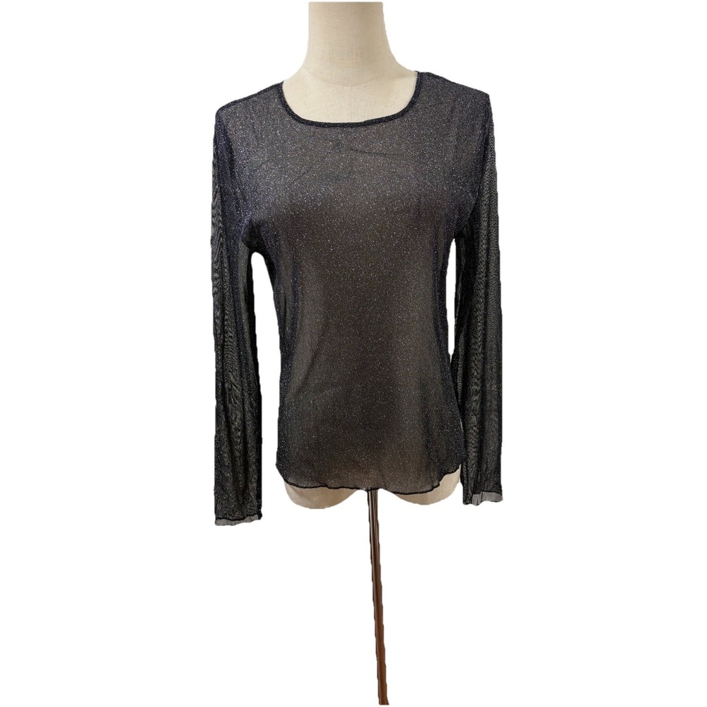 Vtg 90s Y2K Victoria Secret Sheer Mesh Long Sleeve Top Black Silver Sz Xs Whimsi